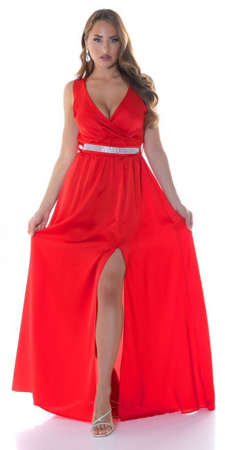 Maxi jurk satijn look met glitter riem rood
